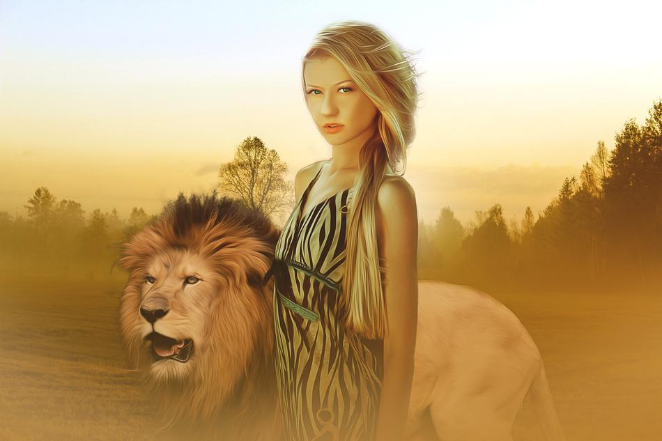 Blonde woman, with the beautiful lion, in Savanna, among the trees, clipart