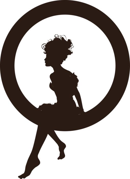 Black silhouette of the beautiful fairy, sitting on the circle, at white background, clipart