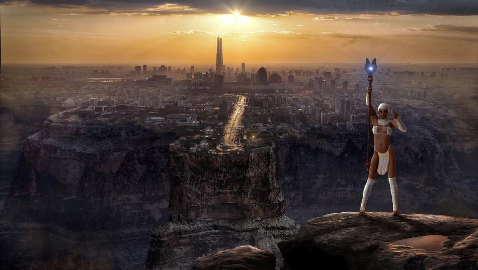 female wizard on rock in view of city, digital art, fantasy