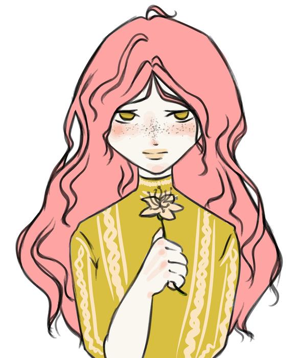 Cartoon drawing of the sad girl with pink hair, yellow clothing and yellow flower