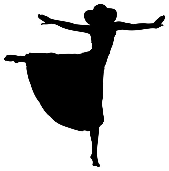 woman in long skirt and wide hat dancing, silhouette