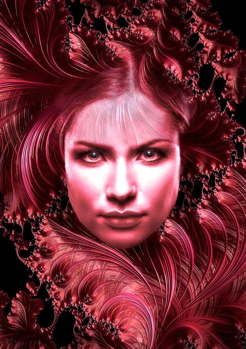 Drawing of the portrait of a woman in red color