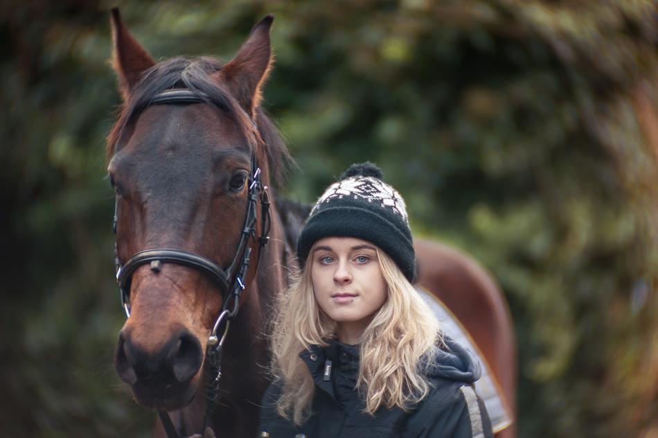 blonde Girl with brown horse, portrait