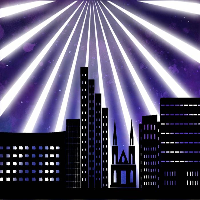 Black silhouettes of the buildings in the city, in the light, at beautiful starry sky on background, clipart