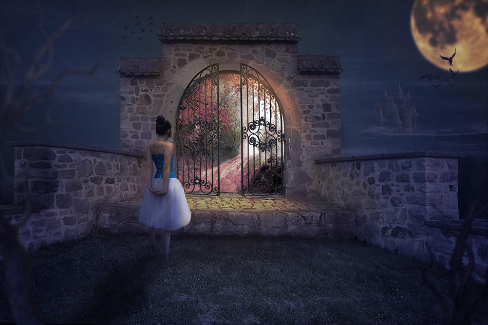 fairy Dream, Woman in front of gateway at full moon night