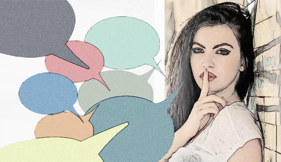 colorful speech bubbles in front of young girl with finger at lips