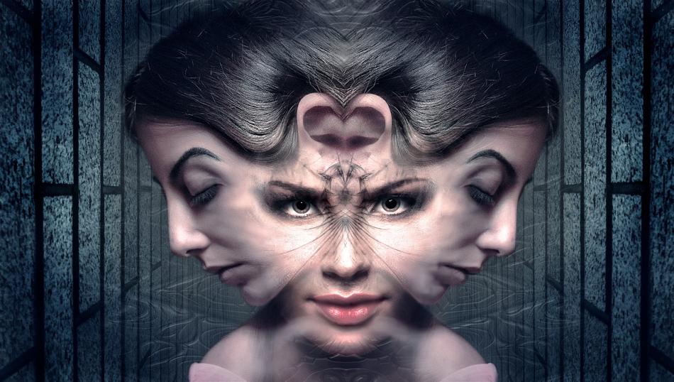 Mystical faces of the woman, among the brick walls, on clipart