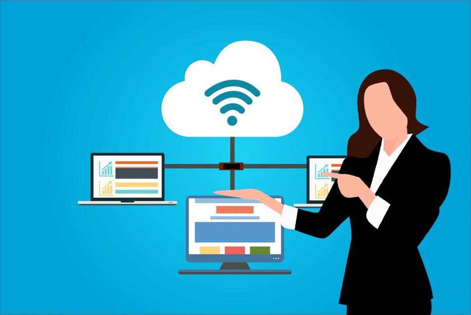 Clipart of the cloud computing with the woman in black suit