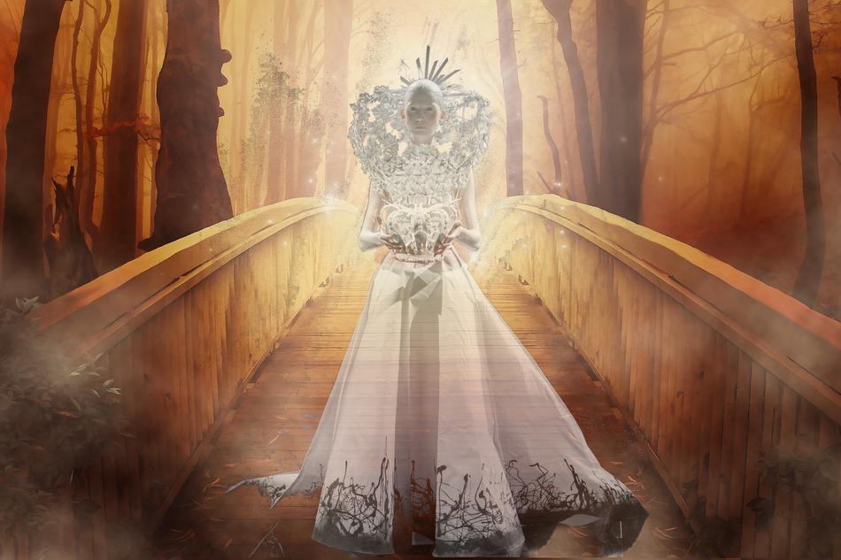 mystical queen on step way in forest, colorful digital art