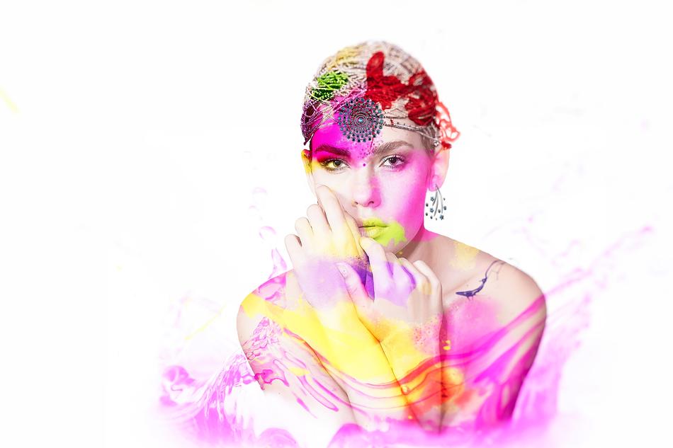 Beautiful and colorful drawing of the woman with flower wreath, clipart