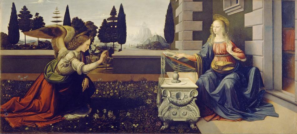 The Annunciation, painting by Andrea del Verrocchio and Leonardo Da Vinci