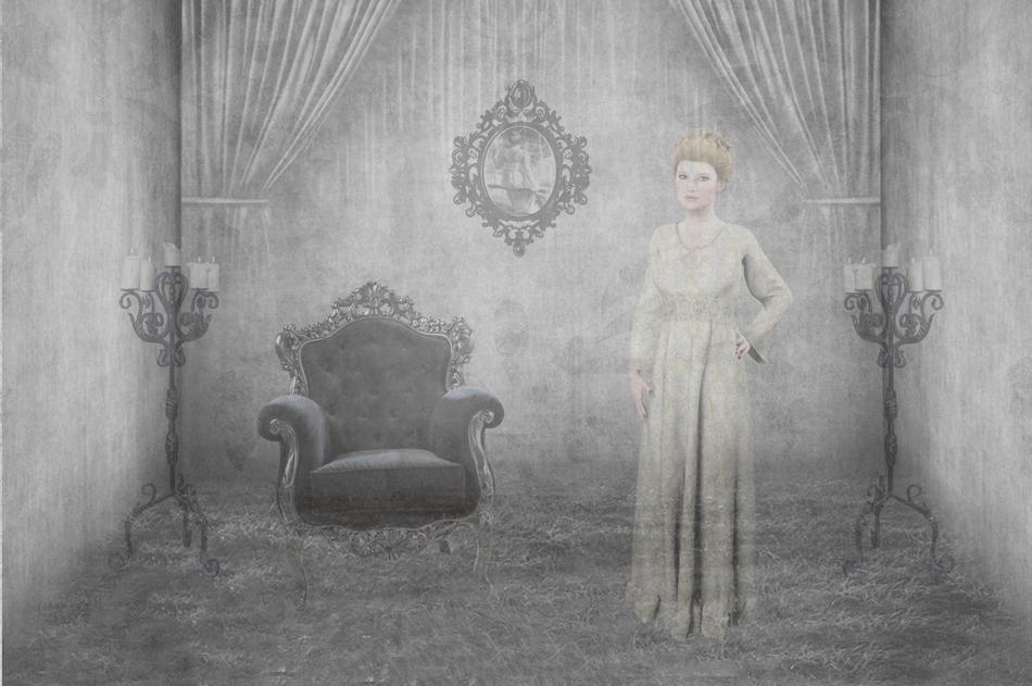 Black and white drawing of the woman spirt among the room with candles