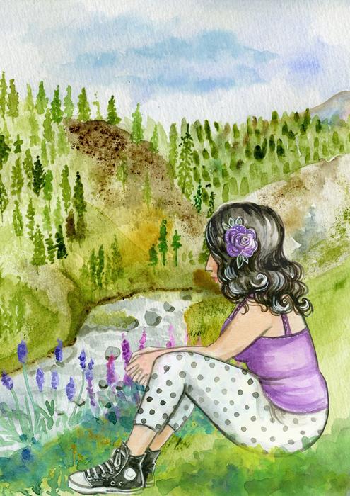 girl sits on grass at river, watercolor painting