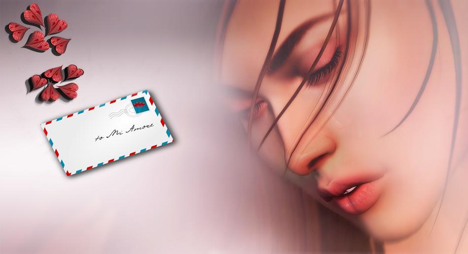 girl face, red hearts and mail envelope