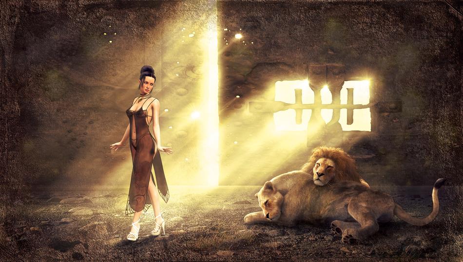 Drawing of the woman in light near the lions