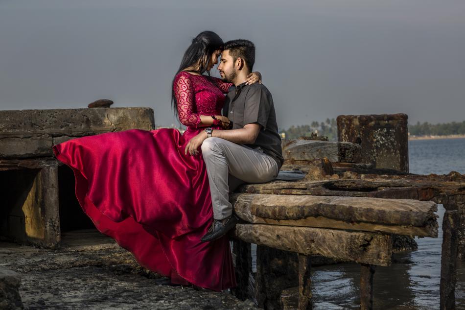 man and woman in a long red dress as 3d illustration