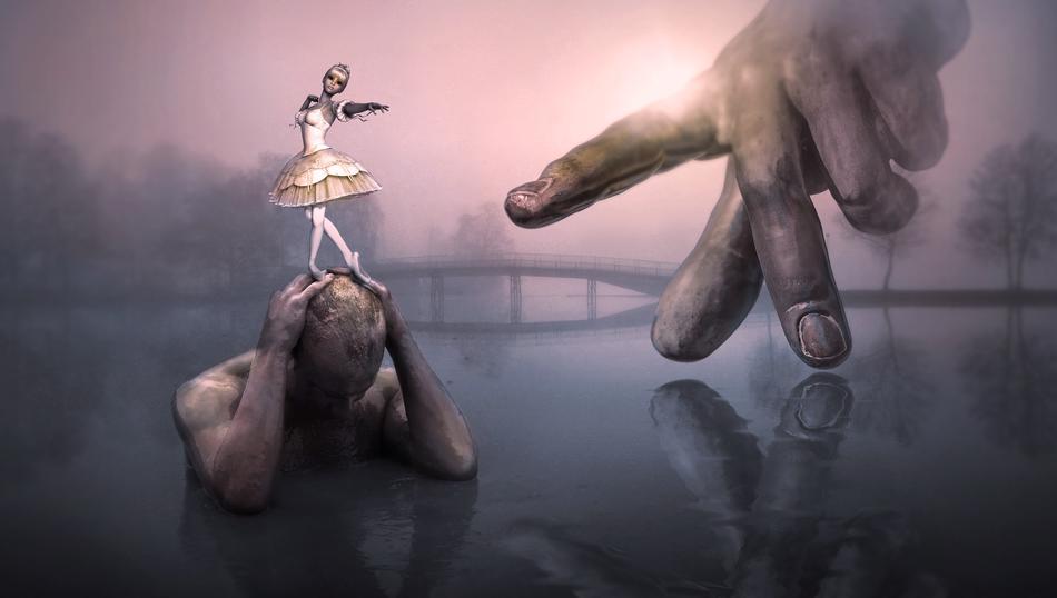 Surreal Fantasy, ballerina on male head and hand