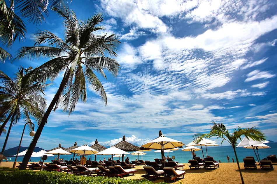 landscape of beds beneath umbrellas on tropical Beach in front of sea