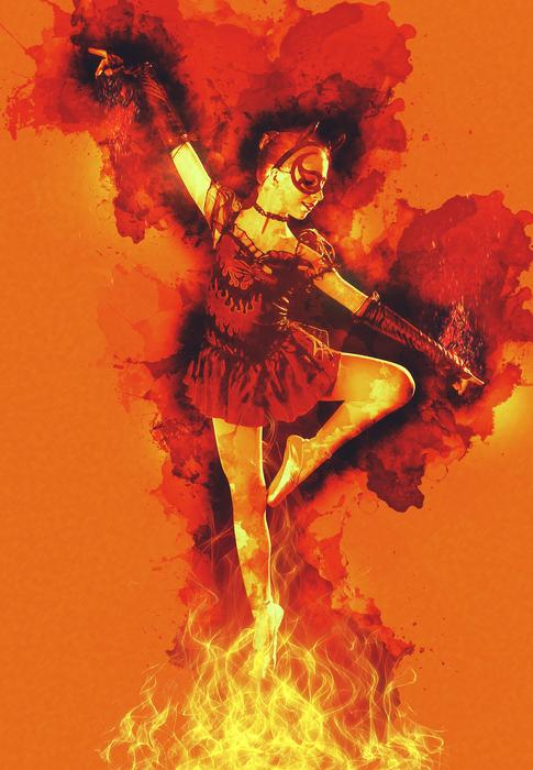 Colorful and beautiful woman fire dancer, at orange background, clipart