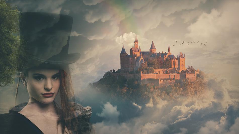 mystical image of a girl in a hat against a background of clouds and a castle