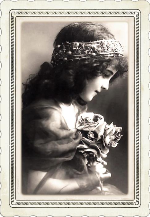 Black and white portrait of a girl in wreath, in the frame