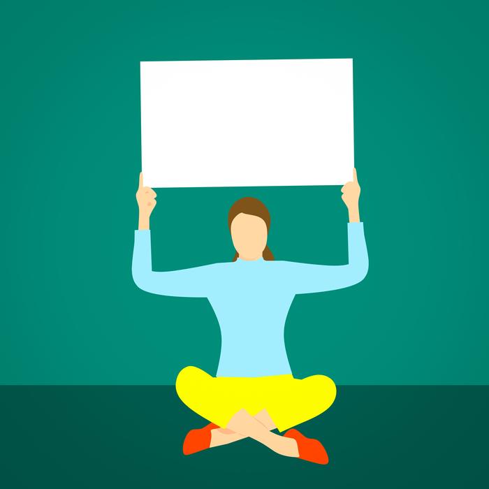 female person sits on floor with blank board above head, drawing