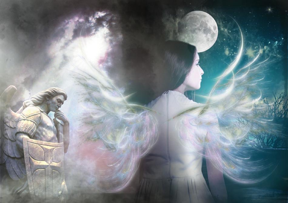 digital art of the Mythic Woman and angel with shield