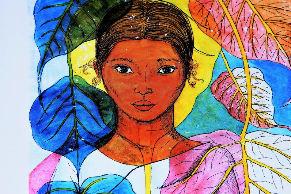beautiful asian woman among colorful leaves, artwork