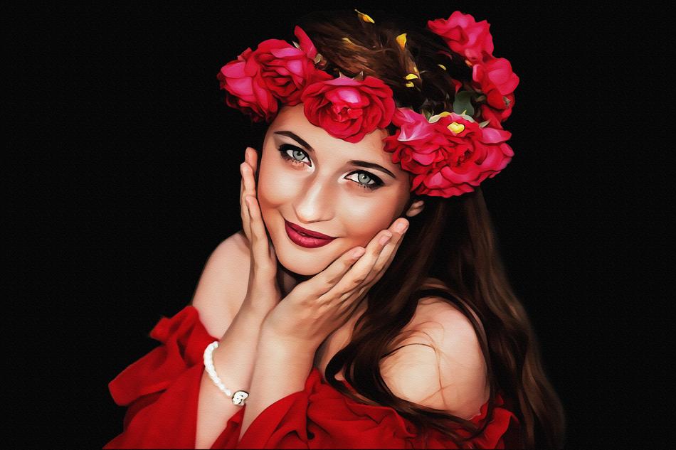 female beauty portrait with red flowers