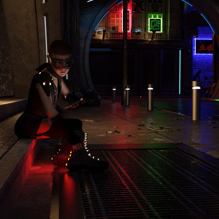 Woman in costume, on the colorful cyber-punk cityscape with lights, at night