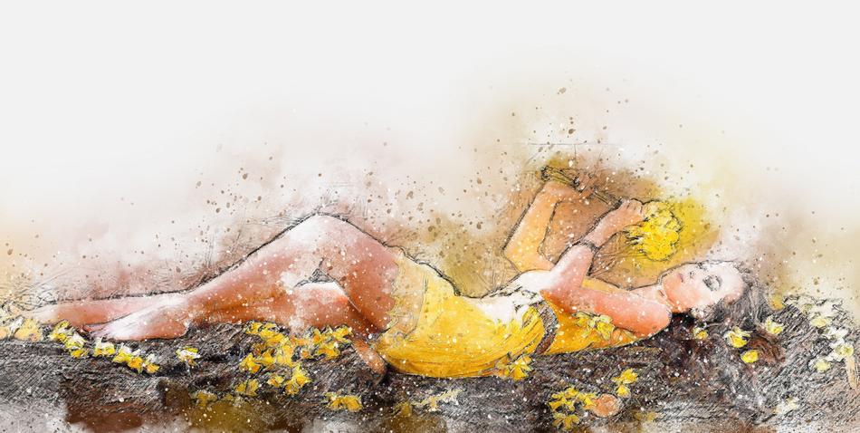 abstract vintage girl yellow flowers