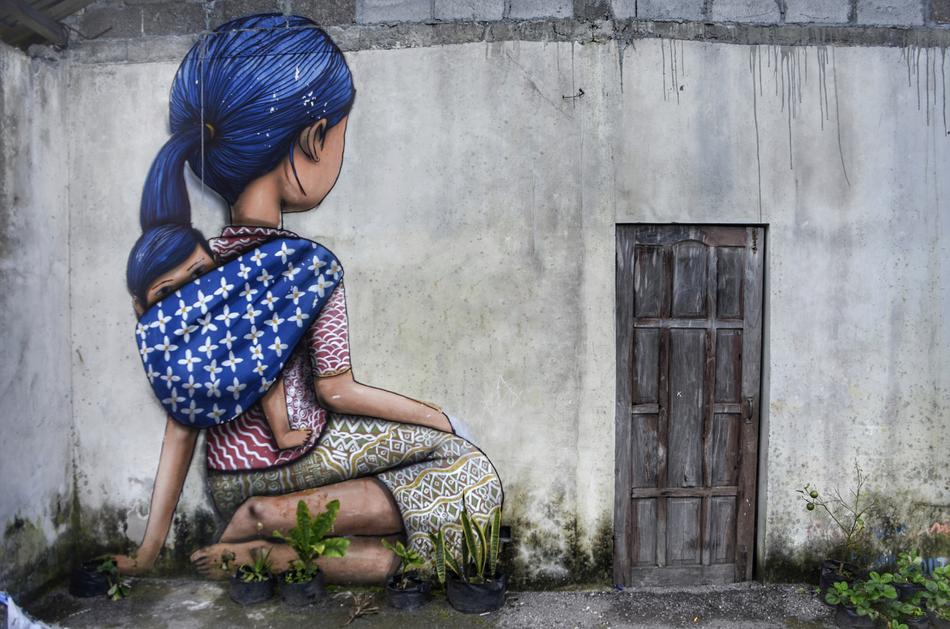 Colorful graffiti, with the girl with blue hair, near the doo, in the house