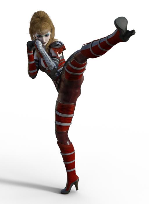 Woman in the colorful costume, doing self defense, at white background, clipart