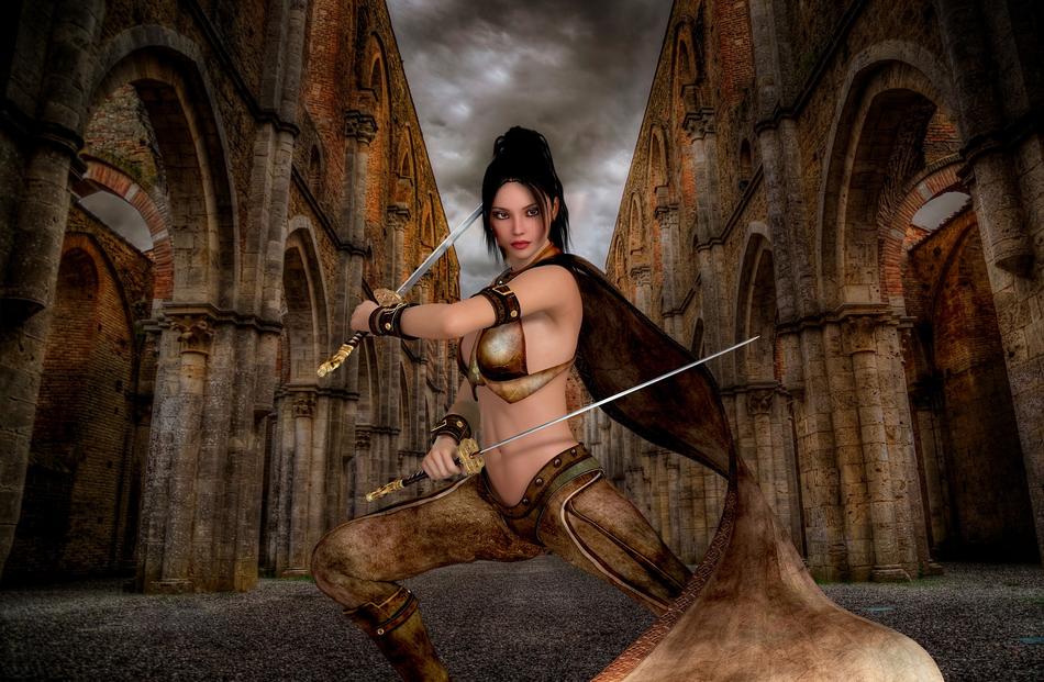 Beautiful woman, with the weapons, among the architecture, under the cloudy sky, clipart