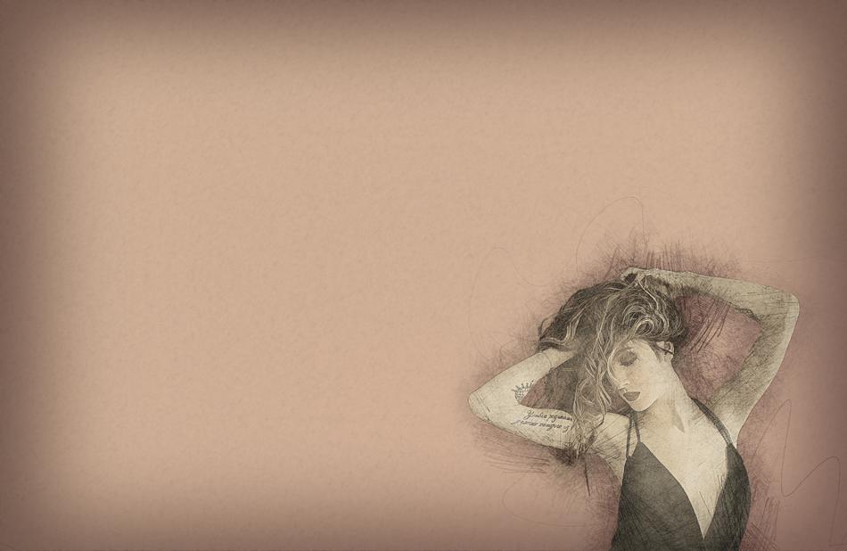 Beautiful, black and white, retro drawing of the woman with tattoo