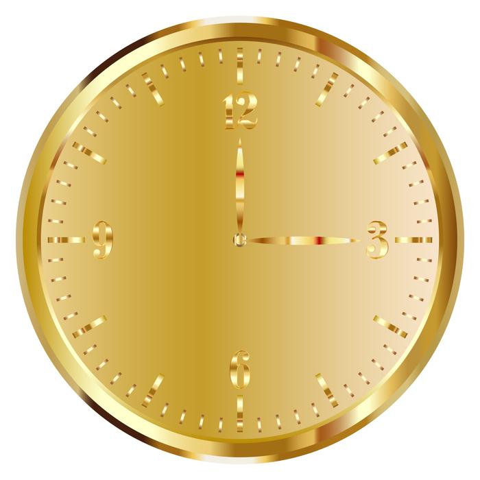 golden clock face, three oâclock