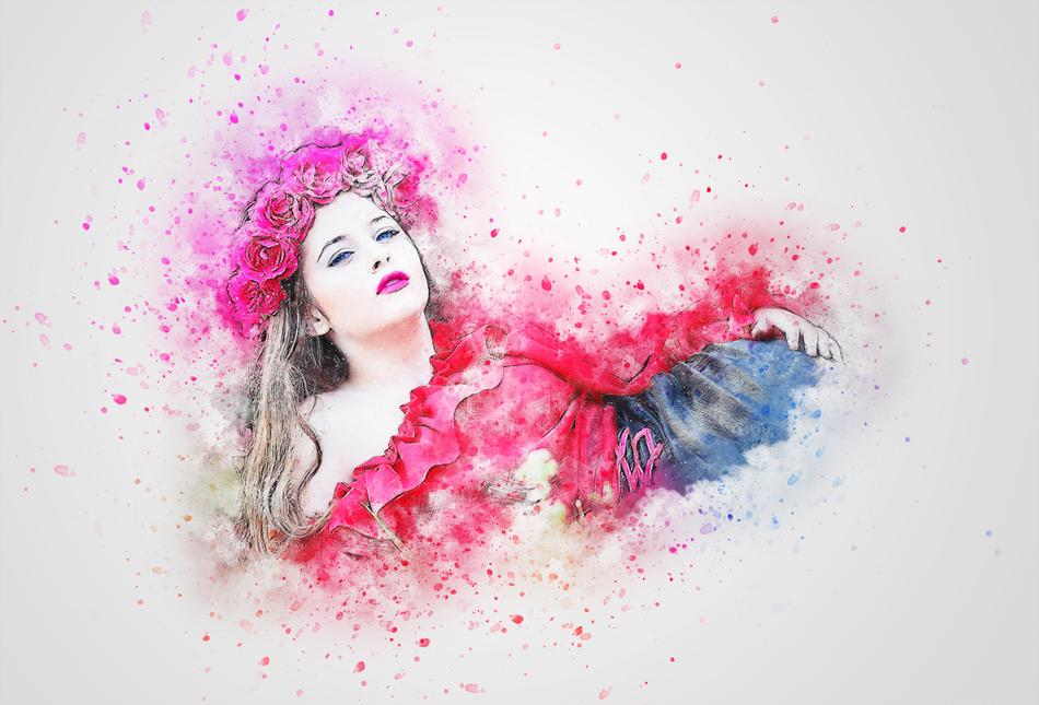 Beautiful and colorful painting of the woman with flower wreath, among the paint splatter, on clipart