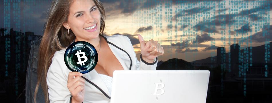 Portrait of the woman in white suit, buying Bitcoin Crypto-currency