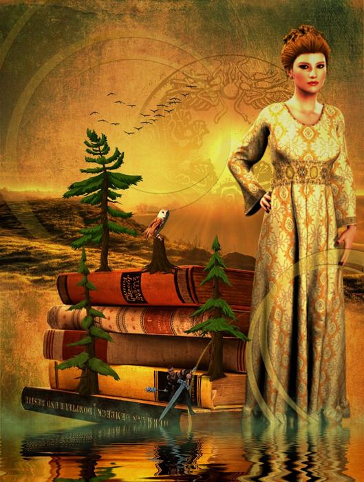 woman on background of books in digital art
