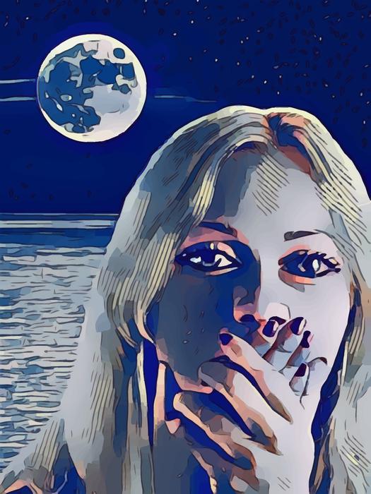 drawing of a frightened girl on the background of the moon night