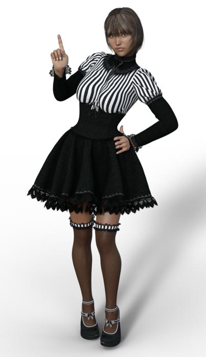 3d model of the woman in black and white clothing, showing index finger, at white background, clipart