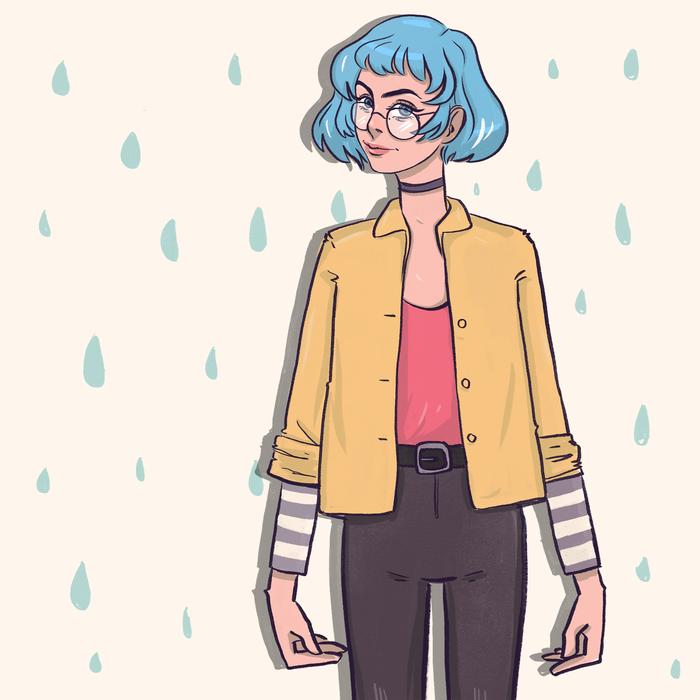 Beautiful and colorful drawing of a girl with blue hair, at white background with green traces