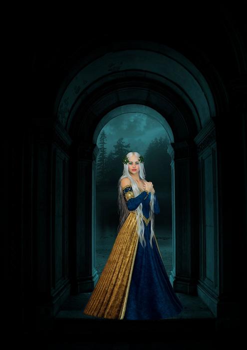 painted princess in a blue dress in the castle
