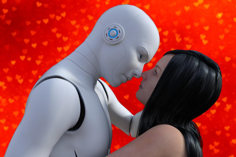 Woman and male Robot Kissing, collage