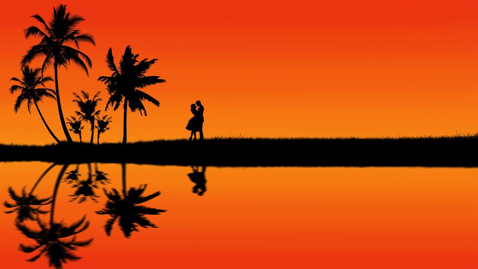 couple in love on tropical seaside, silhouette, drawing