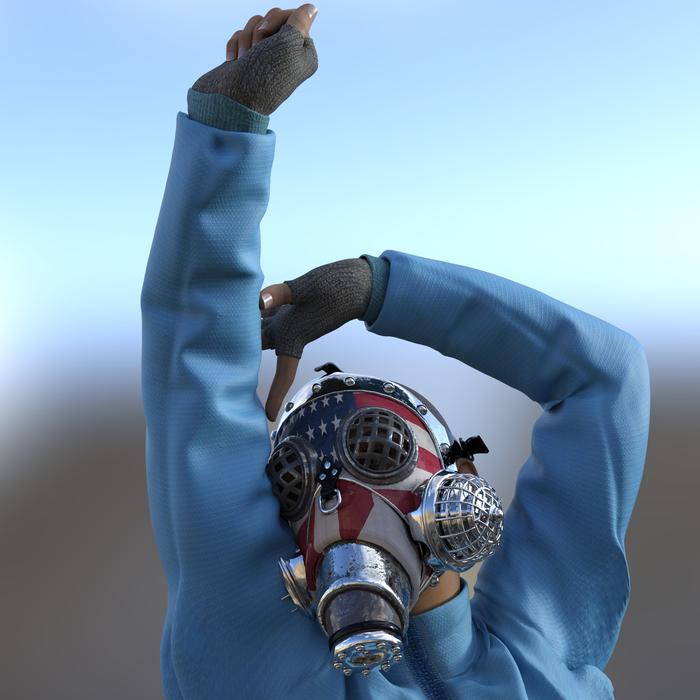 Woman in the gas mask, with the colorful USA flag, and in blue costume, at blurred background
