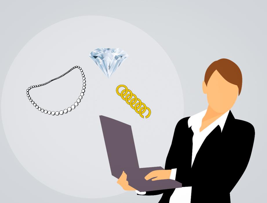 Business woman, with the laptop and shiny jewelry, clipart