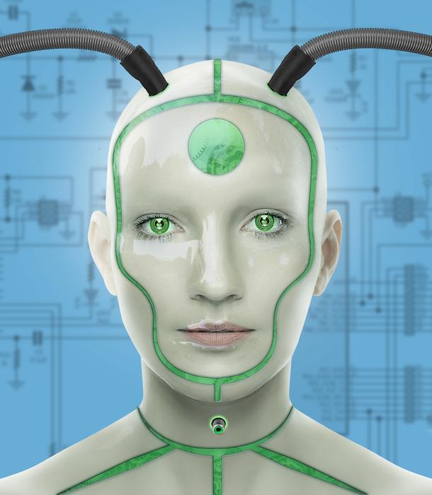 cyborg woman head with two wires
