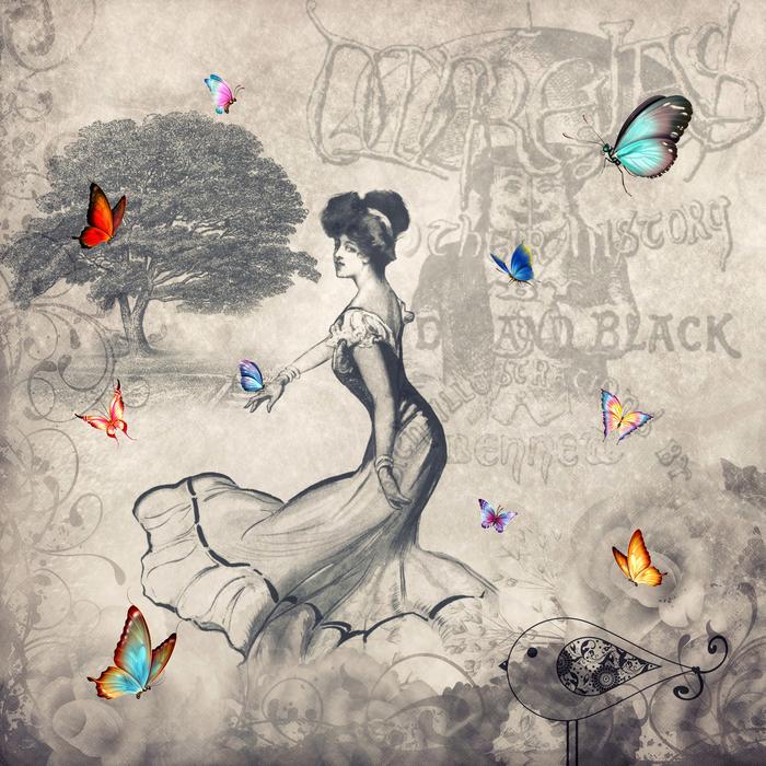 woman and butterflies in vintage picture