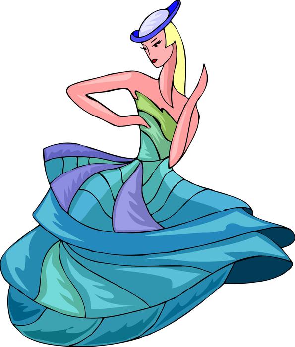 Beautiful and colorful drawing of the woman in blue and white hat and green, blue and violet dress at white background